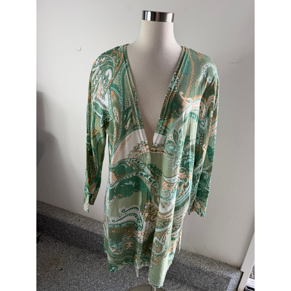 Chicos Womens XL Green Paisley Longline Cardigan Sweater Cotton Blend V Neck